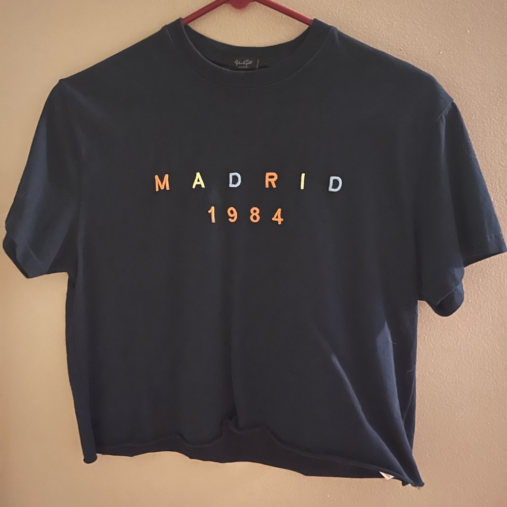 Brandy Melville John Galt cropped navy blue Madrid Tshirt
